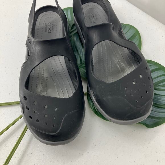 Crocs Black Gray Lightweight Swiftwater Wave Boat Beach Mary Jane Sandal Shoes - Picture 10 of 11